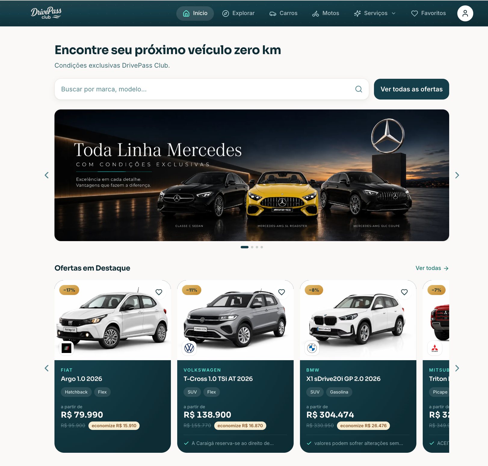 Tela real da plataforma DrivePassClub com ofertas de veículos