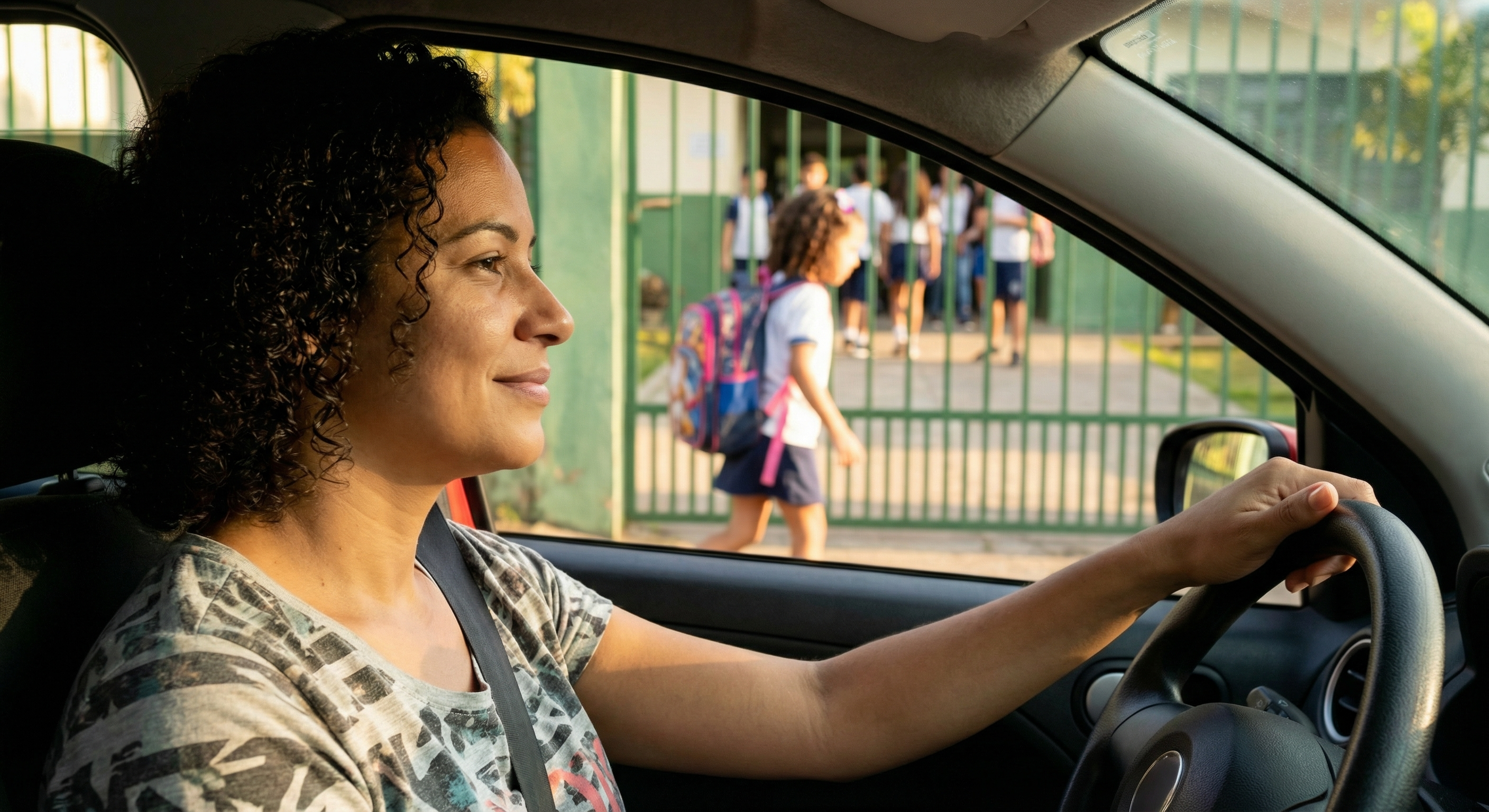 Mulher no carro vendo filho chegar da escola