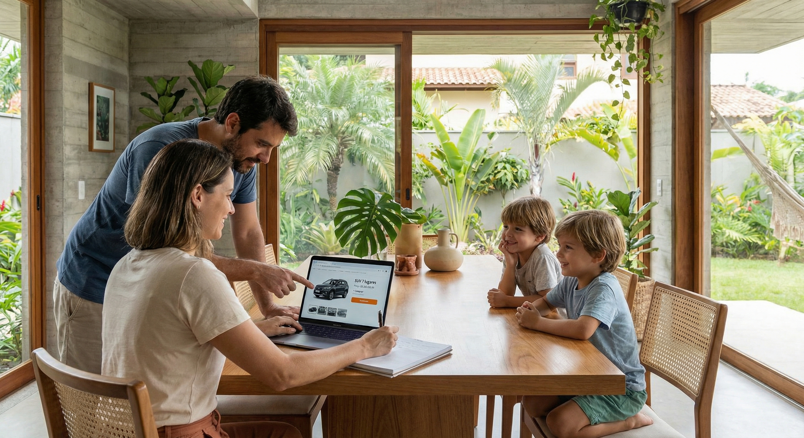 Família analisando compra de carro no notebook